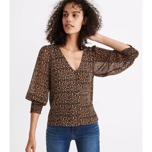 MADEWELL | Georgette Smocked-Cuff Button-Front‎ Shirt in Folktale Paisley Sz. 14